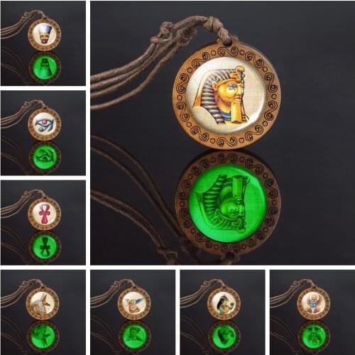 Luminous Ancient Egyptian Pharaoh Wooden Necklace Retro Sphinx Anubis Scarab Glass Cabochon Jewelry Wax Rope Chain Wood Pendant