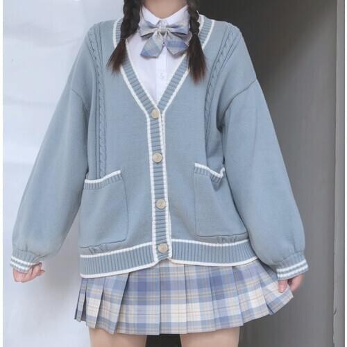 Japanese School Girl Uniform Spring Autumn Long Sleeve V-neck Single-breasted Knitted Sweater JK Uniforms Cardigan Multicolor