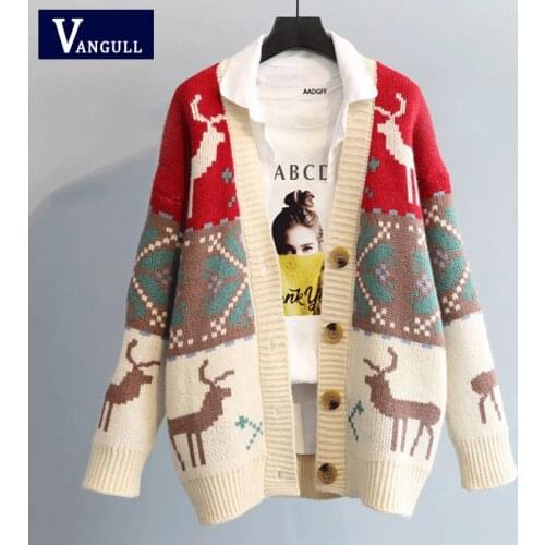 Vangull Fashion Deer Cartoon Print Women Cardigan Autumn Loose Knitted Sweater V-neck Single Breasted Christmas Ladies Cardigans