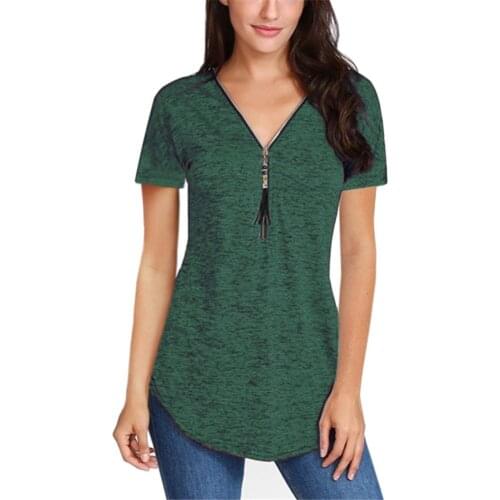 Tassel Zipper V Neck Short Sleeve T-Shirt Casual Women Solid Color Tunic Top new