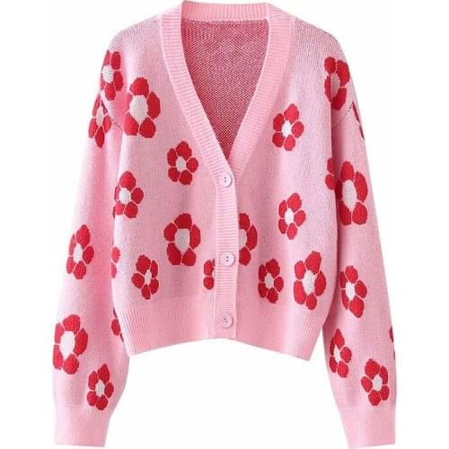 Evfer Cute Girls Flower Print Knitted Pink Elastic Cardigans Spring Autumn Women V-Neck Long Sleeve Chic Sweaters Outwear