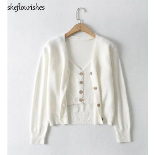 Vintage sweater women button up cardigan white sexy crop top knitted v neck tank top two piece set women korean sweater set 2020