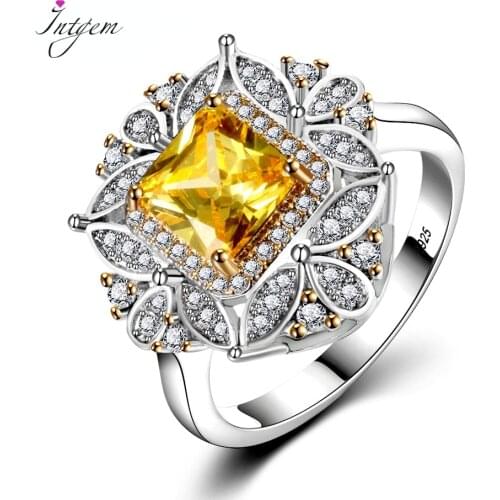 Luxury Square Citrine Rings For Women Genuine 925 Sterling Silver Hot Jewelry With AAA Zircon Wedding Engagement Ring Size 6-10