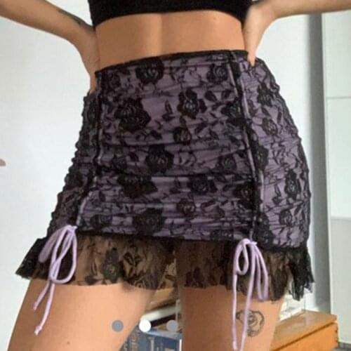 Women 2021 Casual Fashion Rose Lace Drawstring High Waist Frill Ruched A Line Mini Dress юбка