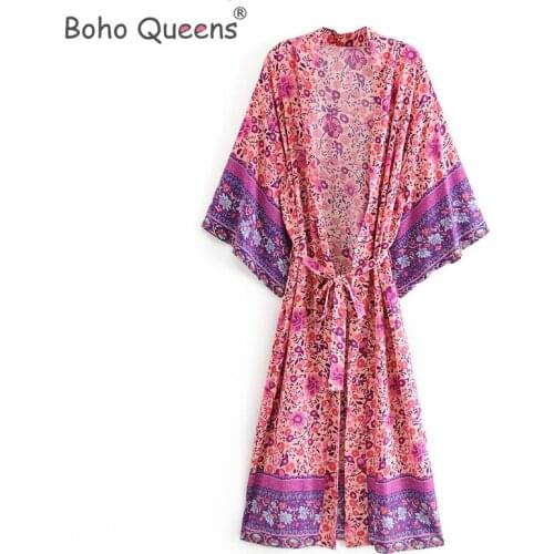 Boho Queens women floral print bat sleeve beach Bohemian Kimono robe Ladies V neck sashes Summer Boho dress vestidos