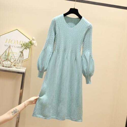 Women Dress New Spring Autumn Winter V-Neck Long Sleeve Simple Casual Knitted Dress A-line Elegant Midi Dress Plus Size 4XL