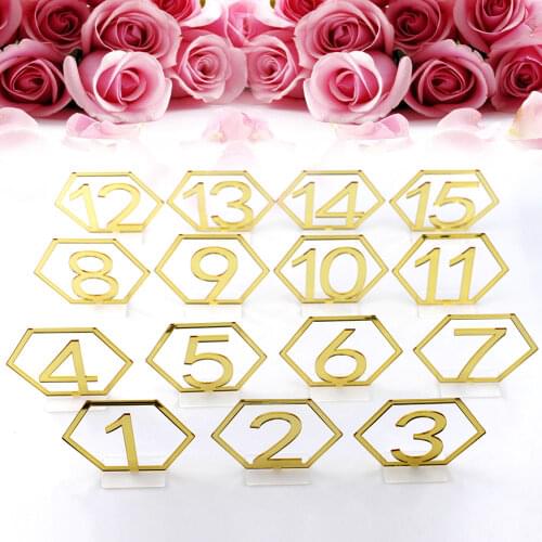 Hexagon Table Number Signs For Wedding Party Decor Silver or Gold Acrylic 1-15 Number Roman Numerals Geometric Centerpiece