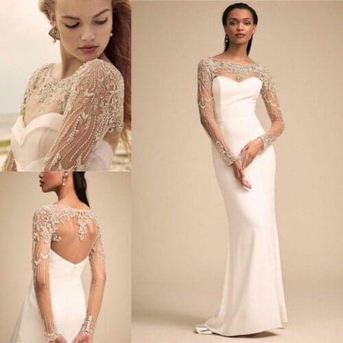 2021 New Beading Wedding Jacket White Ivory Lace Bridal Bolero Jackets Jewel Neck Long Sleeve Appliques Wedding Wrap