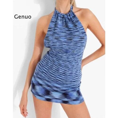 2021 New Dress Women Summer Backless Solid Dress Beach Halter Neck Sleeveless Black Off Shoulder Party Knit Bodycon Sexy Vestir