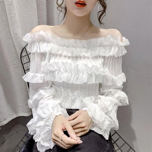 2021 Spring Autumn New One Word Collar Chiffon Long-sleeved Top Sweet Temperament Fashion Sexy All-match Shirts for Women Y341