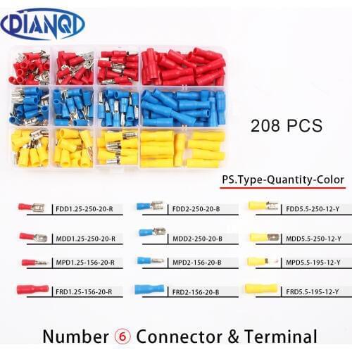208Pcs/Set MDD FDD MPD FRD Female/Male Insulated Electrical Crimp Terminal Connectors Cable Wire Connector Wire Connector Sets