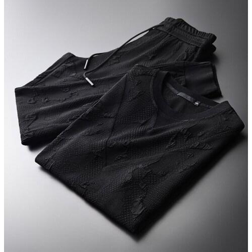 21C Summer Mens Sets (T-SHIRTS+PANTS) Plus Size 4XL Yarn Dyed Ventilate Short Sleeve Mans Sets Summer Male Sets With Pants