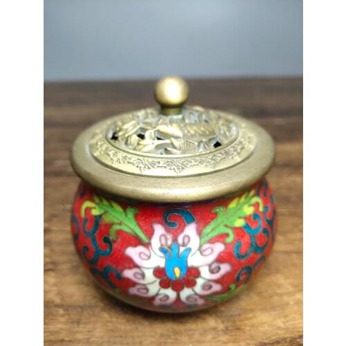 3"Tibet Buddhism Old Bronze Cloisonne Enamel Carved flowers Incense burner Lotus Blooming Incense Town House Exorcism