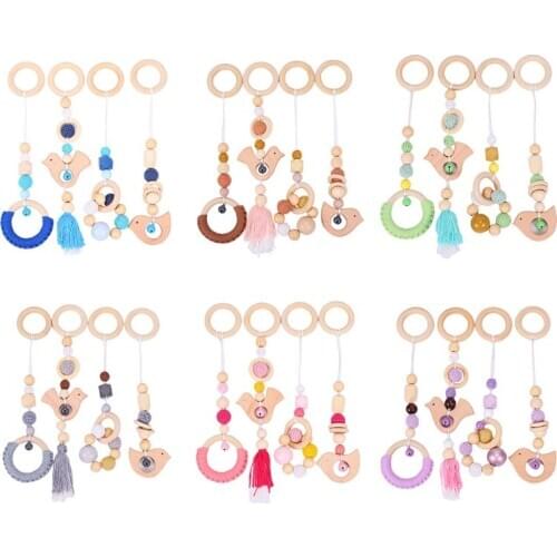 4 Pcs/Set Baby Gym Frame Stroller Hanging Pendants Wooden Ring Teether Molar Teething Nursing Rattle Toys Gifts Infant Room Deco
