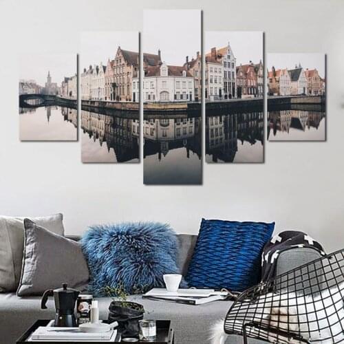 5 Pieces Canvas Painting Waterfront Architectural Landscape Nordic Style Poster Modern Home Decoration Waterproof Ink Painting
