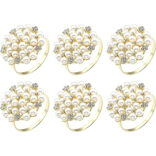 6 Pearls Rhinestone Napkin Rings, Rhinestone Napkin Holders for Wedding Parties Dining Valentines Day Accessories