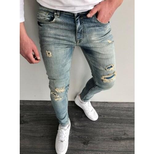 Men Jeans Pencil Pants Skinny Ripped Mid Waisted Denim Long Pants Streetwear Casual Made Old Slim Fit Fashion Versatile Clothes