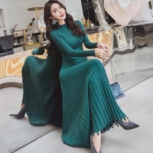 Elegant ladies thick knitted sweater dress 2021 autumn and winter knitted pleated bottoming womens A-line dress