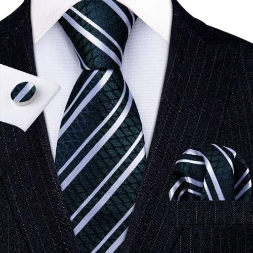 Fashion Dark Green Striped 100% Silk Tie Gifts For Men Gifts Suit Wedding Tie Barry.Wang NeckTies Hanky Sets Business LN-5331