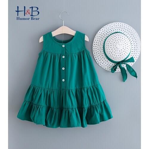 Humor Bear Girls Clothes Set Summer New Loose Fashion Sleeveless Solid Round Neck Princess Dress + Hat 2pcs Casual Kids