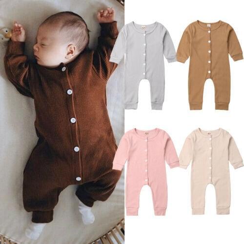 Newborn Baby Boy Girl Long Sleeve Solid Color Button Cotton Romper Jumpsuit Playsuit Outfits Baby Clothes