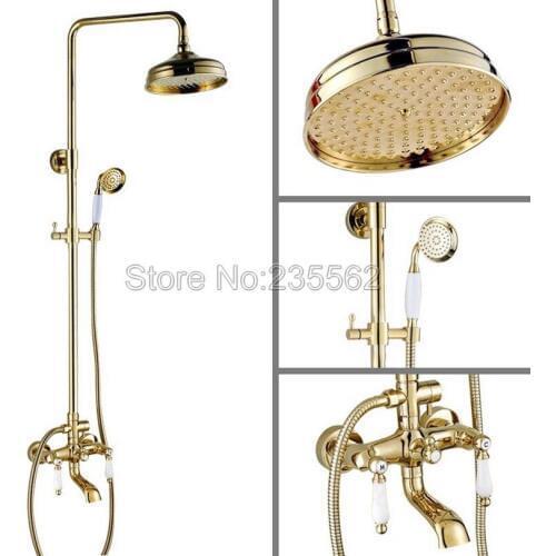 Wall Mounted Gold Color 8 inch Rainfall Bathroom Shower Faucet Set Brass Finish with Dual Ceramic Lever Bathtub Mixer Tap lgf371