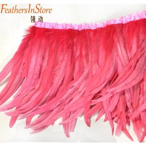 Fashion Feather 10yards/lot light red Coque Rooster Tail Feather Fringe Rooster feather trimming 14-16inch width