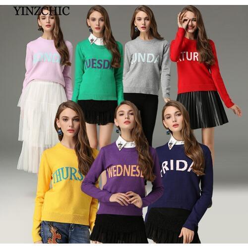 Fashion woman autumn sweater weekday printing regular female casual knitted pullovers