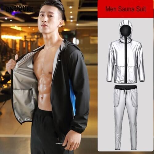 Men Sauna Suit Heavy Duty Weight Lost Fitness Clothing Black Gray Running Jogging Training Body Building Gym Sportswear M-4XL