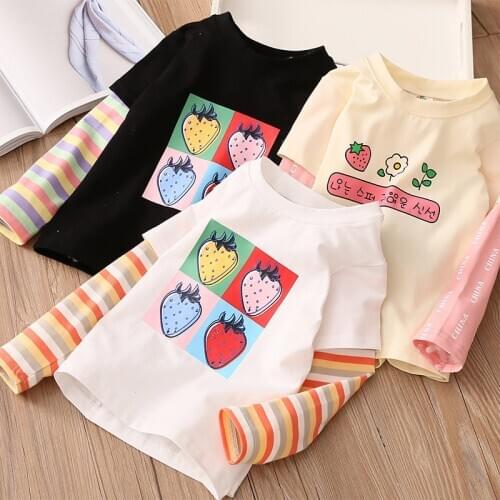 2020 Autumn Baby Girls Tshirts Fashion Stripe Patchwork Sleeve Strawberry Print Top for Girl Toddler Kids Casual Fake Two Tshirt