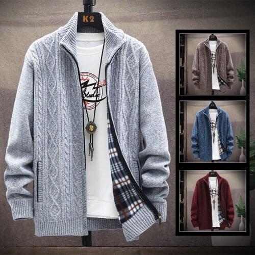 Autumn/winter mens warm coat casual loose sweater solid color jacquard collar zipper cardigan fleece jacket