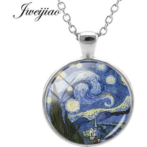 JWEIJIAO Van Gogh Starry Night Abstract Art Necklaces Landscape Oil Painting Glass Cabochon Dome Jewelry Gift ZZ76