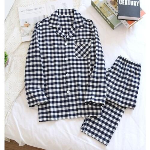 Couple Plaid Pajamas Cotton Brushed Fabric Soft Pyjamas Plus Size Loungewear Long Sleeve Sleepwear Men and Women Home Clothes