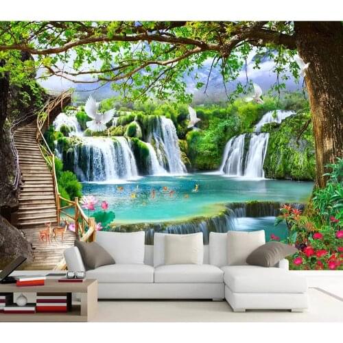 Simple leisure green tree forest waterfall landscape mural wallpaper