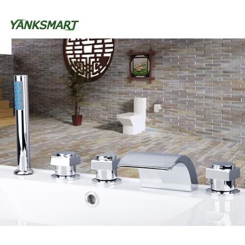YANKSMART 5 pcs waterfall bathtub Shower Faucet set Chrome Finish 3 Handles Deck Mount Waterfall Basin Faucet mixer Water Tap