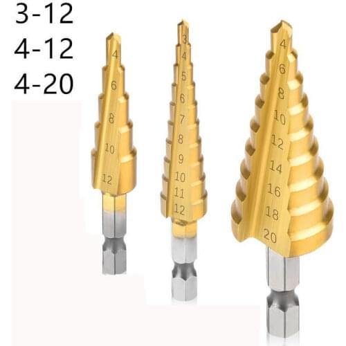 3Pcs Sets 3-12mm 4-12mm 4-20mm) HSS Straight Groove Step Drill Bit Titanium Coated Wood Metal Hole Cutter Drilling