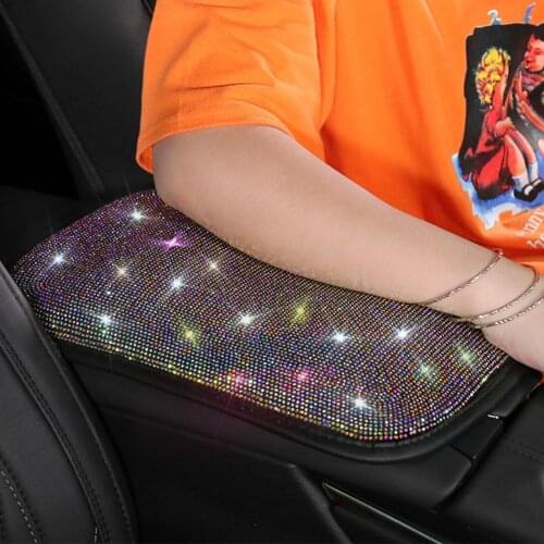 Universal Car Armrest Box Elbow Support Rhinestone Bling PU Leather Auto Center Console Arm Rest Car Styling For Women Girl