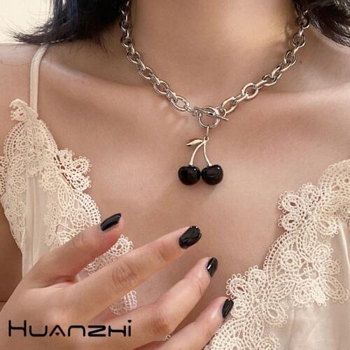 HUANZHI 2020 New Vintage Punk Black Cherry Pendant Metal Clavicle Chain Choker Necklace for Women Girls Party Jewellery