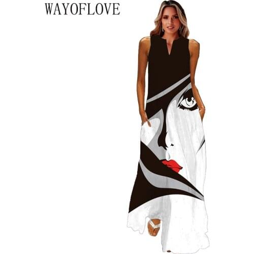 WAYOFLOVE Human Face Print Dress 2021 Elegant Casual Plus Size Maxi Dresses Woman Summer Beach Sleeveless Girls Long Dress Women