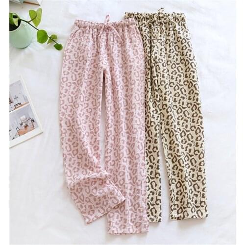Women Fashion Casual Drawstring Pajama Pants Ladies Crepe Leopard Print Loose Trousers Cotton Home Pants With Pockets