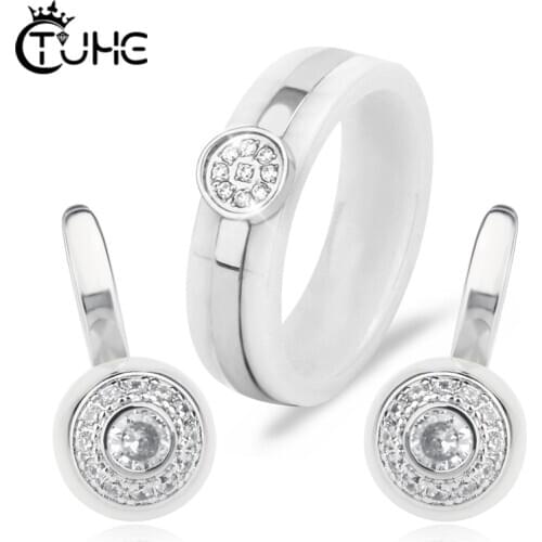Fashion Austrian Crystal Earring Ring Women Circle Shape Ceramic Rings Stud Earrings Bride Wedding Jewelry Set Gift