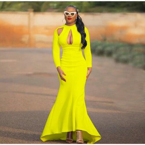 S-3XL Plus Size Pure Color Hollow Long Party Dress Women Full Sleeve Waist Shaped Mermaid Dress Elegant Formal Bodycon Vestidos