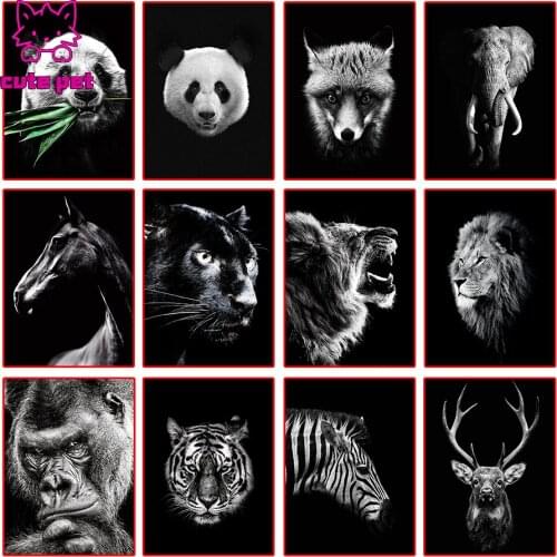 Animal black and white close-up Diamond Painting Cross Stitch Tiger Leopard Panda Red Deer Lion Diamond Embroidery Mosaic Decor