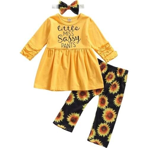 1-4Y Toddler Kids Baby Girl Long Sleeve Shirt Tops Sunflower Long Pant Legging Headband 3PCS Autumn Clothes Set