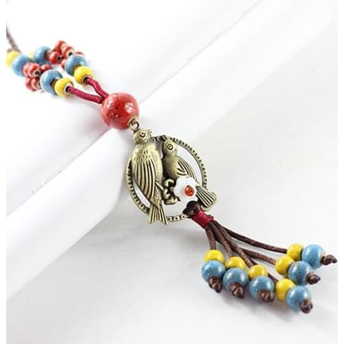 Fashion Ceramic Beads Tassel Pendant Necklace For Women Vintage Bird Long Rope Handmade DIY Sweater Chain