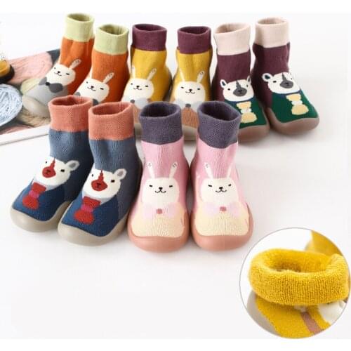Winter Kids Warm Snow Shoes Socks Infant Boys Brushed Thick Sock Shoes Cartoon Baby Girls Booties Soft Soles Baby First Walkers