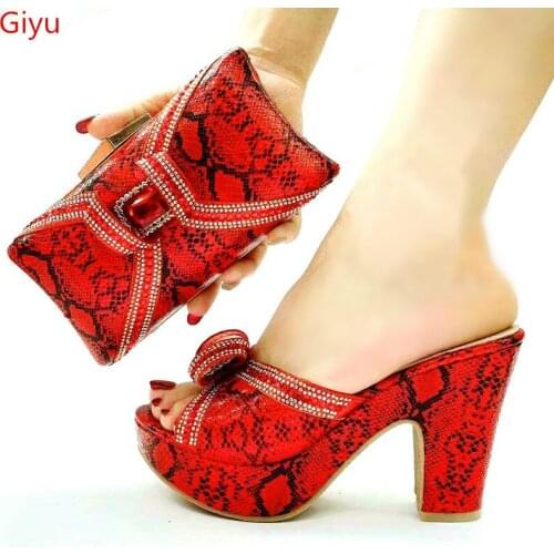 Doershow New Arrival African Wedding Shoes and Bag Set red Color Italian Shoes with Matching Bags Nigerian Women party! SLK1-13