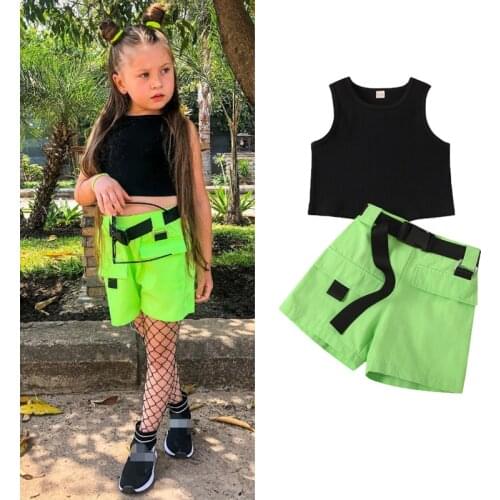 FOCUSNORM Summer Fashion Toddler Baby Girls Clothes Sets Outfits 1-6Y Solid Sleeveless Knit Vest Tops Shorts + Adjustable Belt