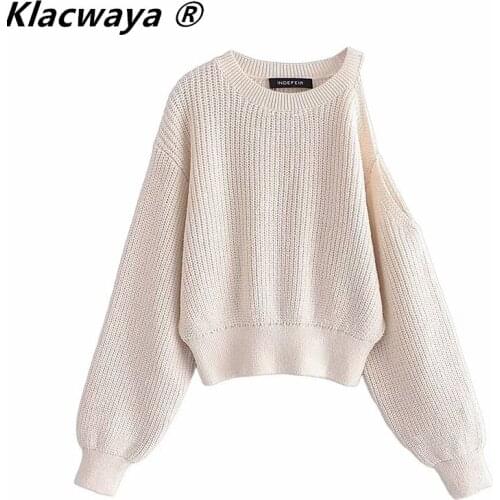 Klacwaya 2021 Women Fashion Off-White O Neck Long Sleeve Shoulder Opening Design Vintage Female Pullovers Chic Streetwear Tops