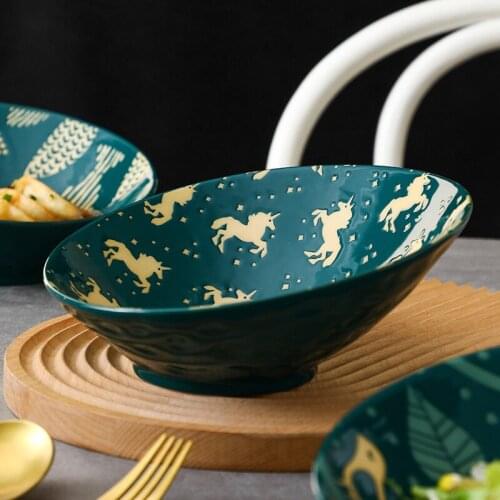 Oblique Bowl Japanese Salad Bowl Dark Green Noodle Bowl Underglaze Ceramic Tableware Large Household Oblique Noodle Bowl